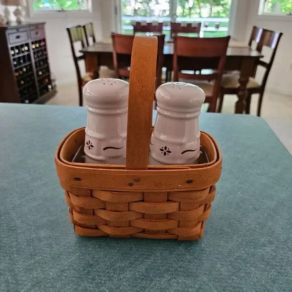 Longaberger Traditional Red Salt & Pepper Shakers W Basket & Double Protector